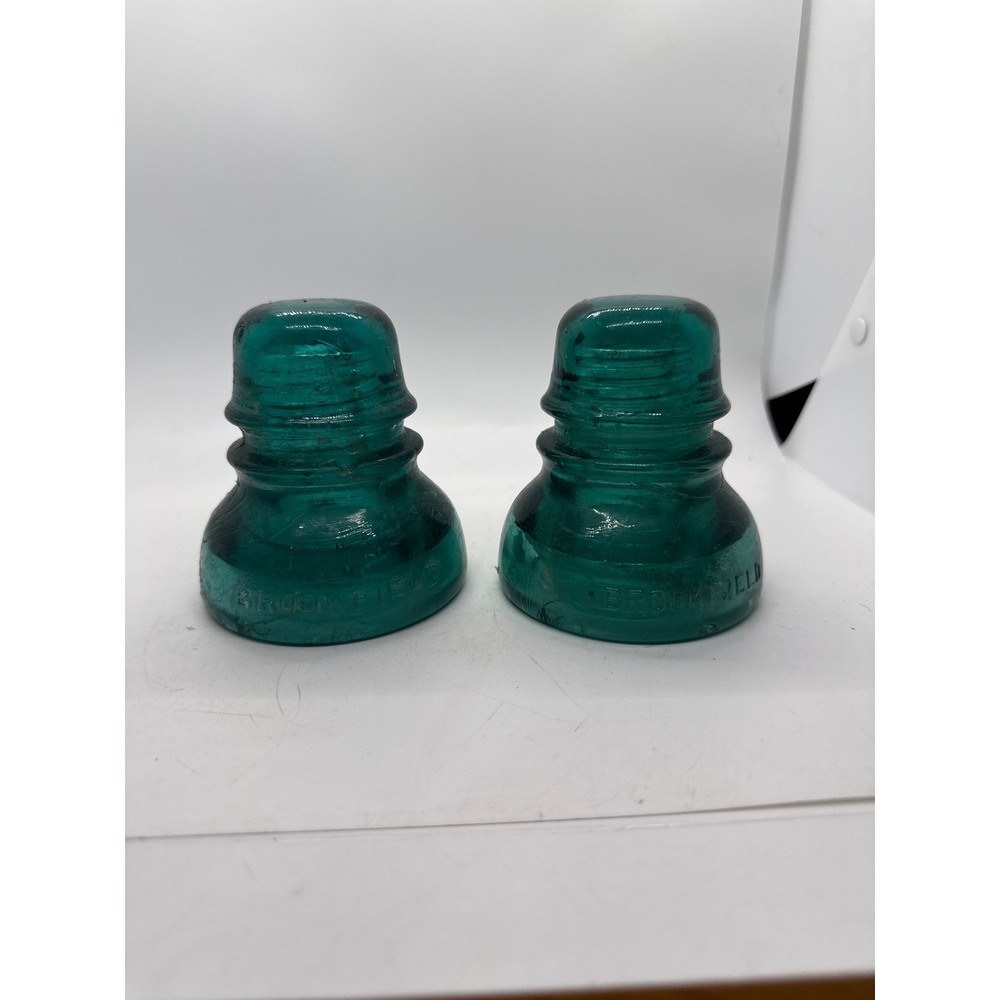 Vintage Brookfield Glass Insulators Set of 2 Dark Aqua Teal Blue Green Antique